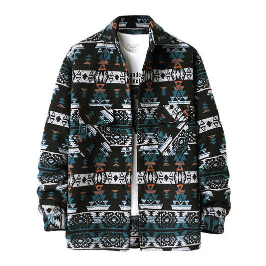 New Men's Ethnic Style Woolen Plaid Shirt Jacket