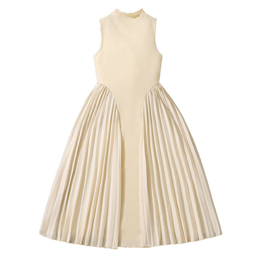 Girls' Stand Collar Elegant Pleated Stitching Sleeveless Formal Dress