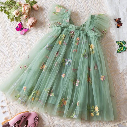 Korean Flower Embroidery Girls' Chiffon Skirt