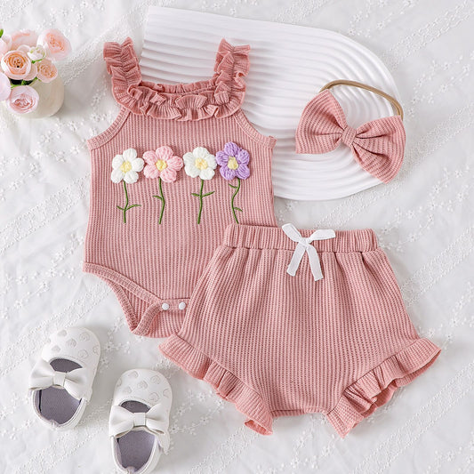 Girls' Summer Embroidered Three-piece Set With Suspenders