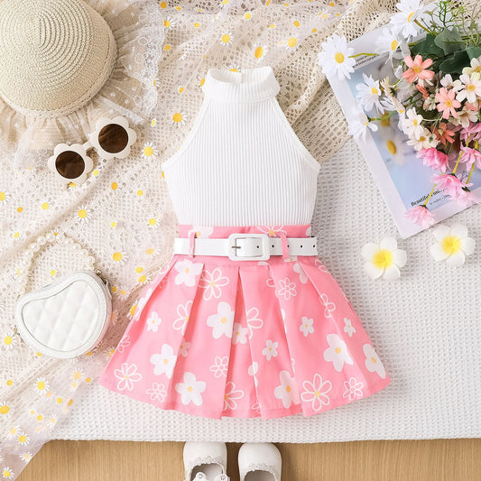 Girls' Pit Striped Halter Sleeveless Top Printed Pleated Skirt Belted Suit