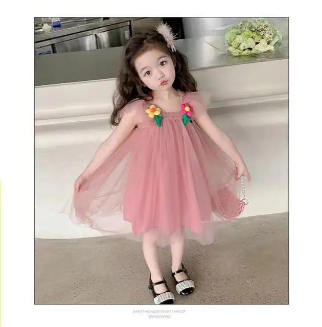 Summer Princess Girls Kids Tulle Super Fairy Dresses Rainbow Flower Party Tutu Dress Children Mesh Puffy Birthday Vestidos Cloth