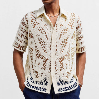 Men's Hollow Sweater Short Sleeved Crochet Cardigan Polo Shirt