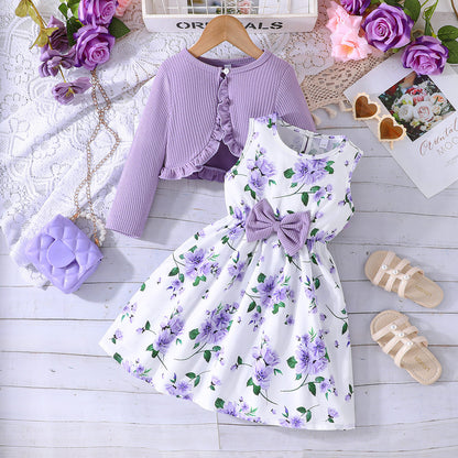 Girls' Colorful Suspender Skirt Solid Color Coat Set