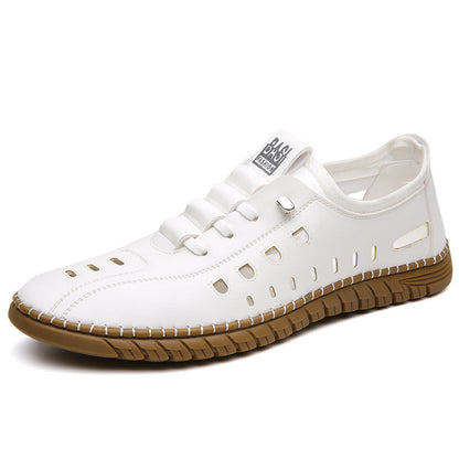 Hollow Breathable White Shoes Hole Shoes Soft Bottom Men Slip-on Leather Sandals