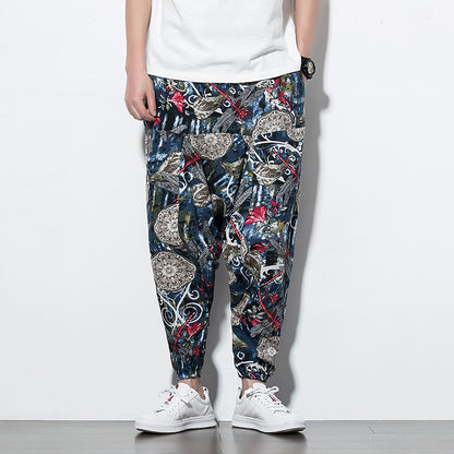 Foreign Trade Amazon 20 Spring And Summer Chinese Style Cotton And Linen Casual Pants Male Printing Long Pants Tide Large Size Loose Hip-Hop Pants