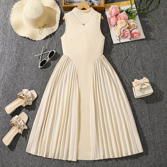 Girls' Stand Collar Elegant Pleated Stitching Sleeveless Formal Dress