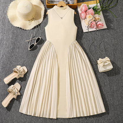 Girls' Stand Collar Elegant Pleated Stitching Sleeveless Formal Dress