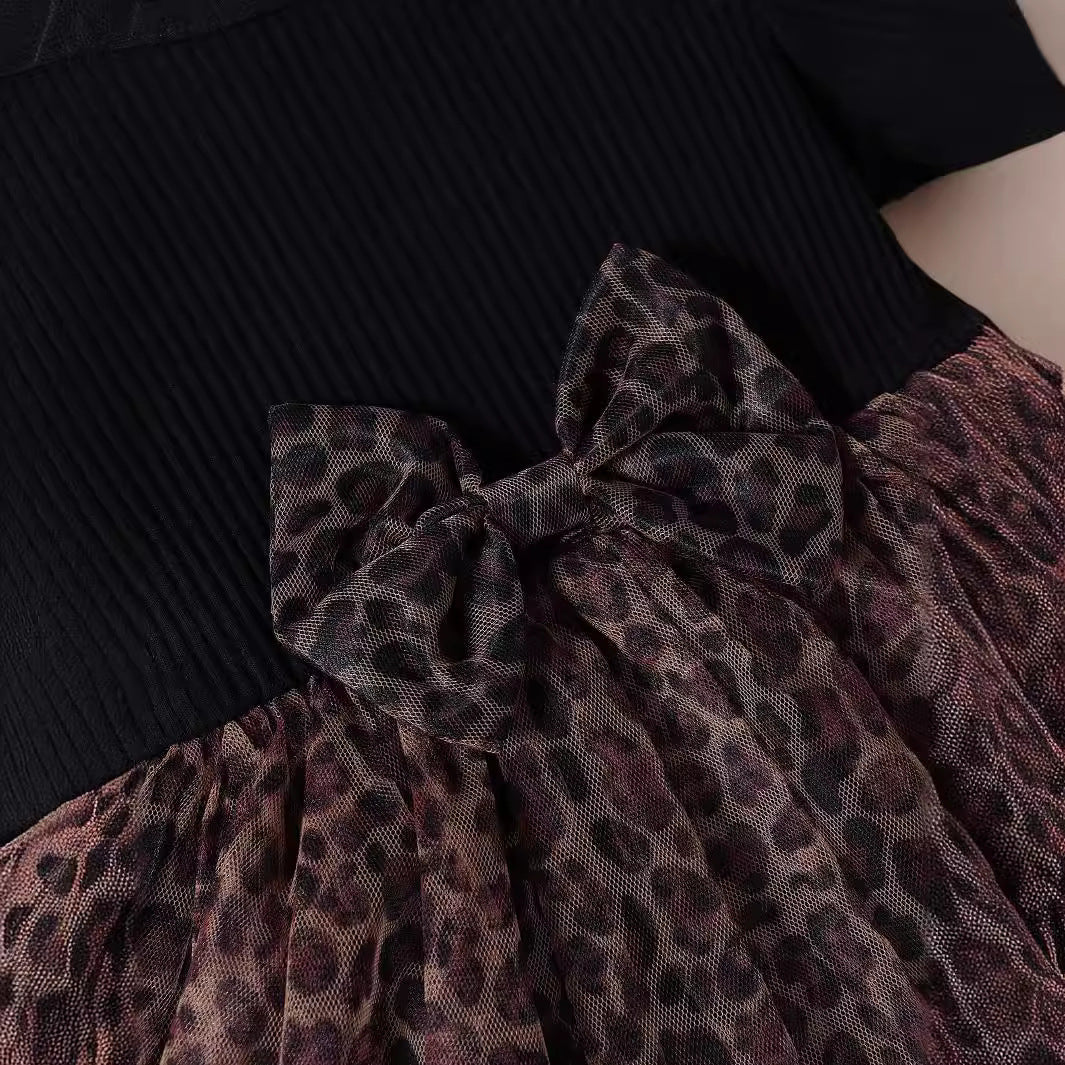 Pullover Cotton Sunken Stripe Short Sleeve Leopard Print Mesh Bow Girls Dress