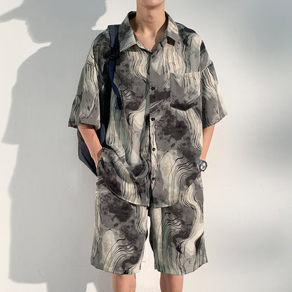 Printed Shirt Men's Beach Suit Summer Seaside Vacation Ice Silk Beach Pants Short Sleeve Men