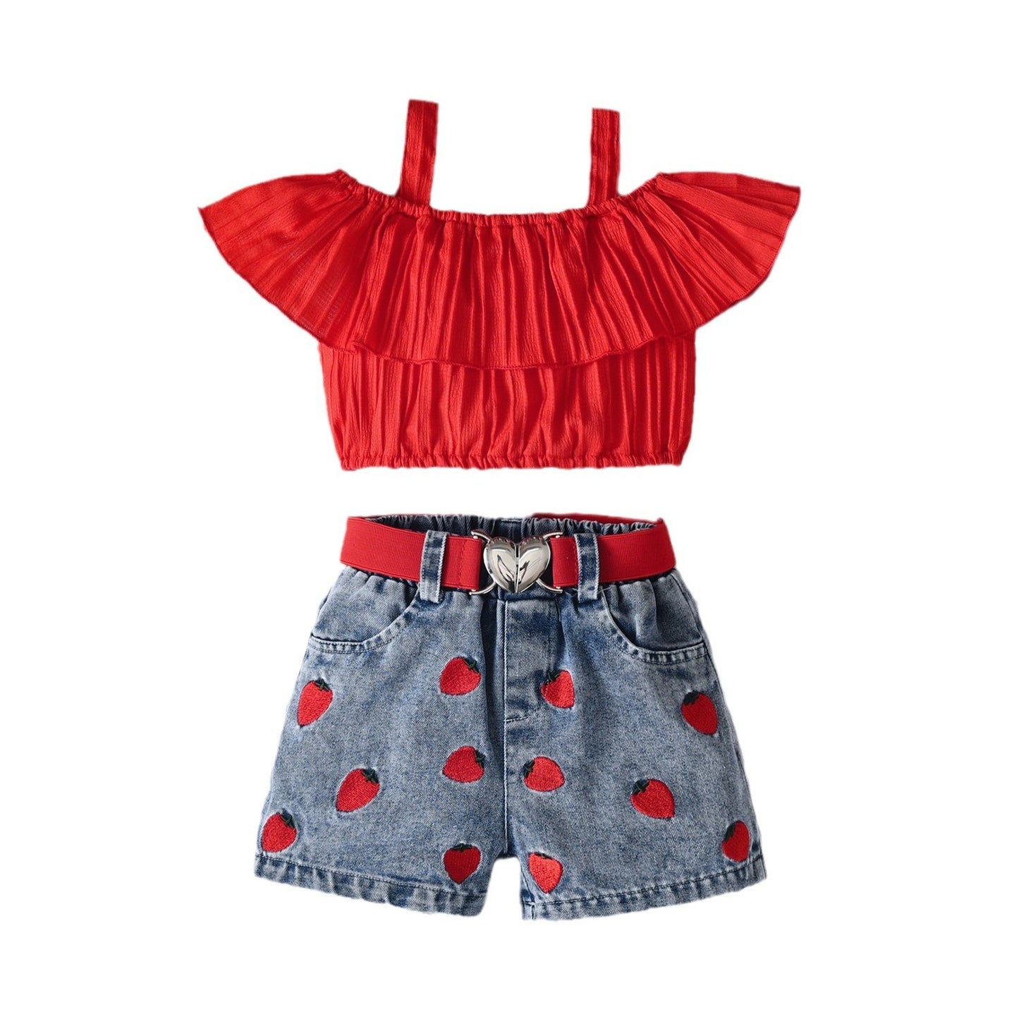 Sling Off-neck Solid Color Top Denim Shorts Suit