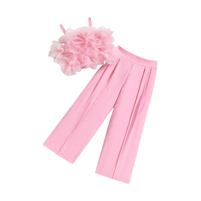 Mesh Three-dimensional Flower Sling Top Slim Fit Suit Pants Suit