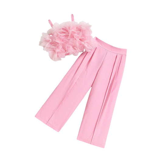 Mesh Three-dimensional Flower Sling Top Slim Fit Suit Pants Suit