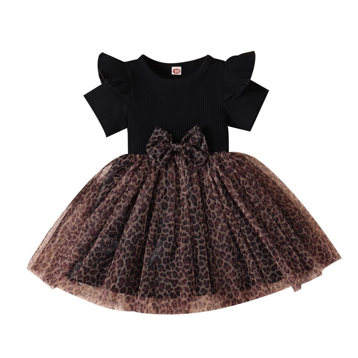 Pullover Cotton Sunken Stripe Short Sleeve Leopard Print Mesh Bow Girls Dress