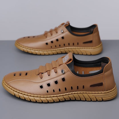 Hollow Breathable White Shoes Hole Shoes Soft Bottom Men Slip-on Leather Sandals