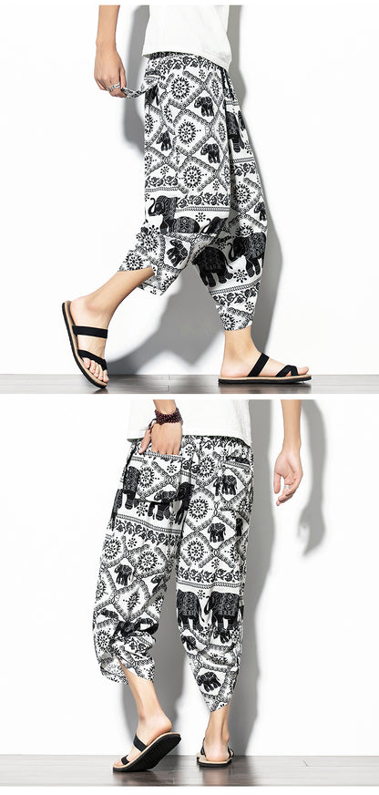 Printed Pants Baggy Cotton And Linen Loose Casual Cropped Pants