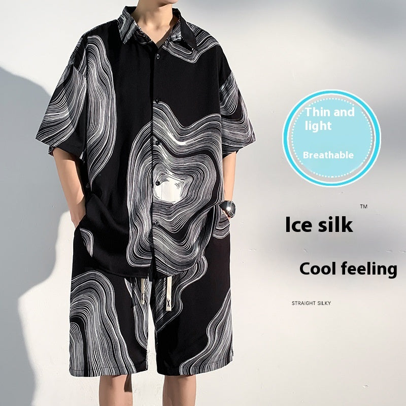Printed Shirt Men's Beach Suit Summer Seaside Vacation Ice Silk Beach Pants Short Sleeve Men