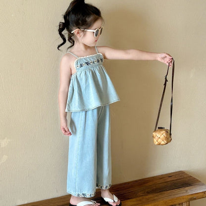 Girls' Embroidered Strap Vest Denim Straight-leg Pants Two-piece Set