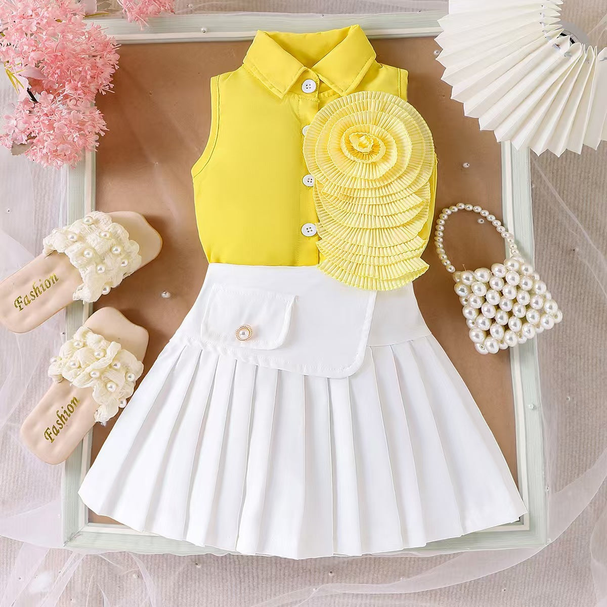 Girl's White Sleeveless Shirt With Rose Red Pleated Skirt Set