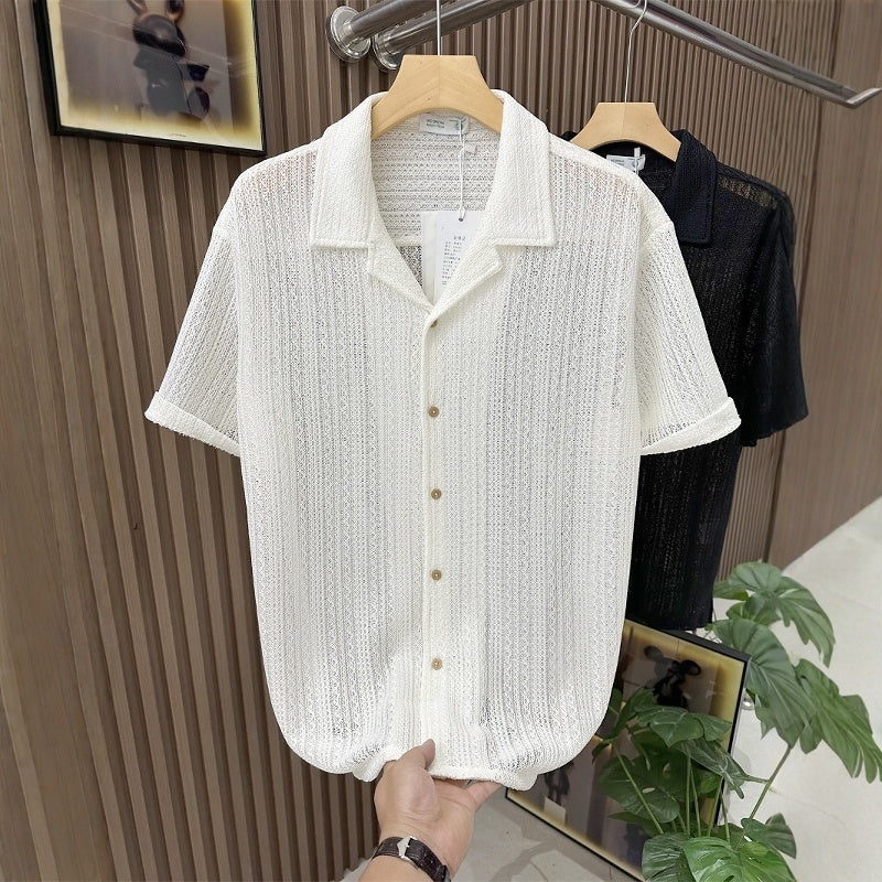 Summer Short Sleeved Shirt Hollow Knitted Men's Loose Trendy Brand