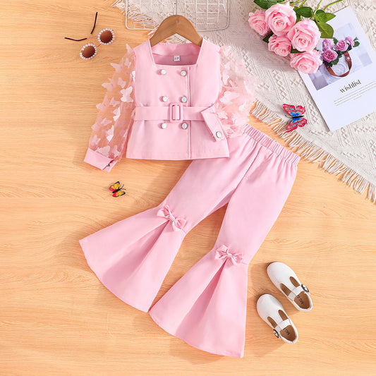 Girls' Mesh Sleeve Top Bell-bottom Pants Suit