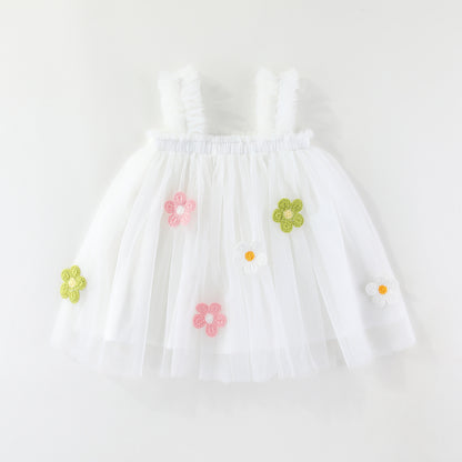 Girls Spaghetti Straps Chest Wrap Flower Embroidery Mesh Dress
