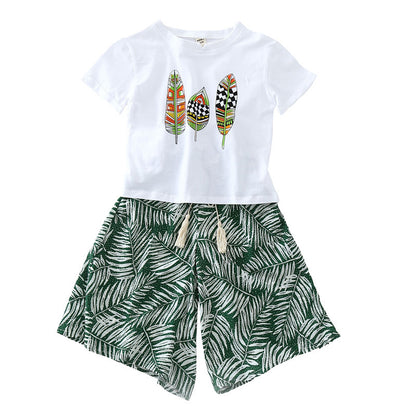 Korean Style Leaf Printed Wide-leg Pants Two-piece Set