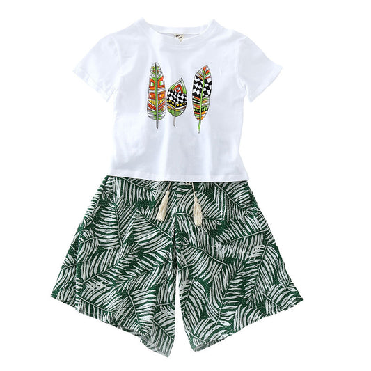 Korean Style Leaf Printed Wide-leg Pants Two-piece Set