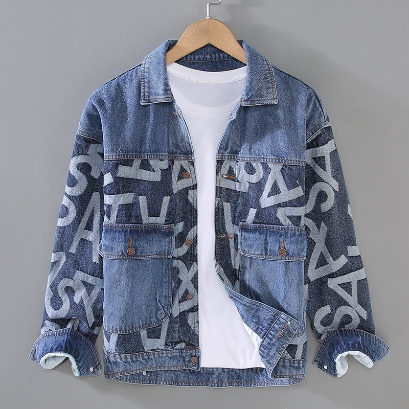 G066 Korean Style Trendy Men's Youth Heavy Craft Wash Denim Stitching Baggy Coat Jacket