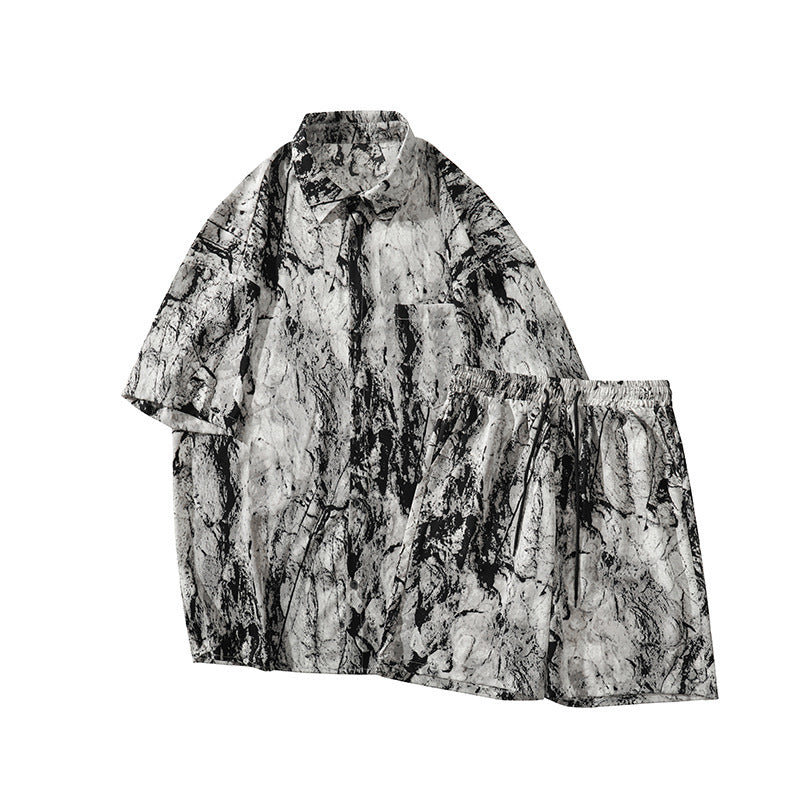 Printed Shirt Men's Beach Suit Summer Seaside Vacation Ice Silk Beach Pants Short Sleeve Men