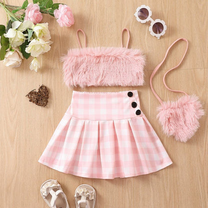 Girls' Fur Sling Solid Color Fur Button Pleated Skirt Bag