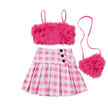 Girls' Fur Sling Solid Color Fur Button Pleated Skirt Bag