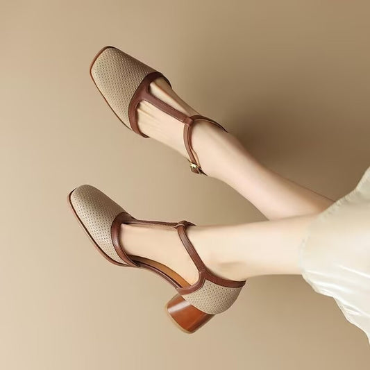 Hole Sandals Female Summer Retro Style Color Block Chunky Heel Pumps