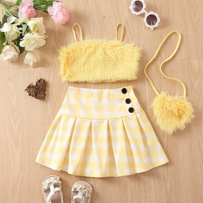 Girls' Fur Sling Solid Color Fur Button Pleated Skirt Bag