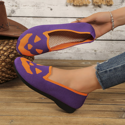Women's Halloween Pumpkin Printed Breathable Flying Woven Shoes