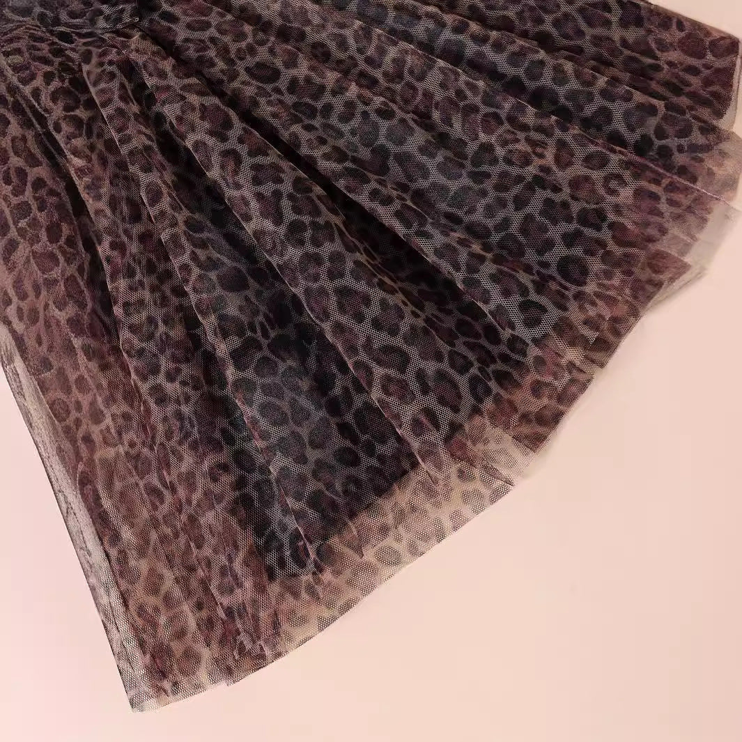 Pullover Cotton Sunken Stripe Short Sleeve Leopard Print Mesh Bow Girls Dress