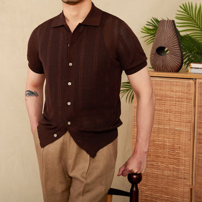 Short Sleeve Lapel Cardigan Breathable Stripes Knitted Casual Shirt Men