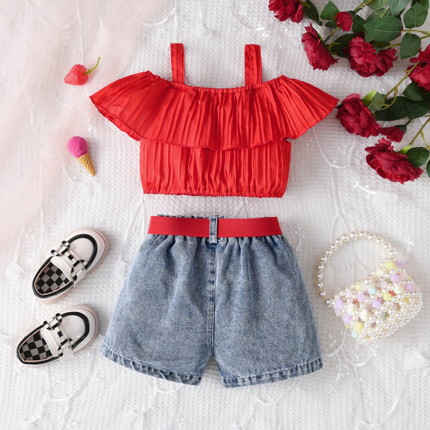 Sling Off-neck Solid Color Top Denim Shorts Suit