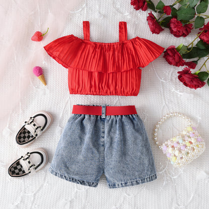 Sling Off-neck Solid Color Top Denim Shorts Suit