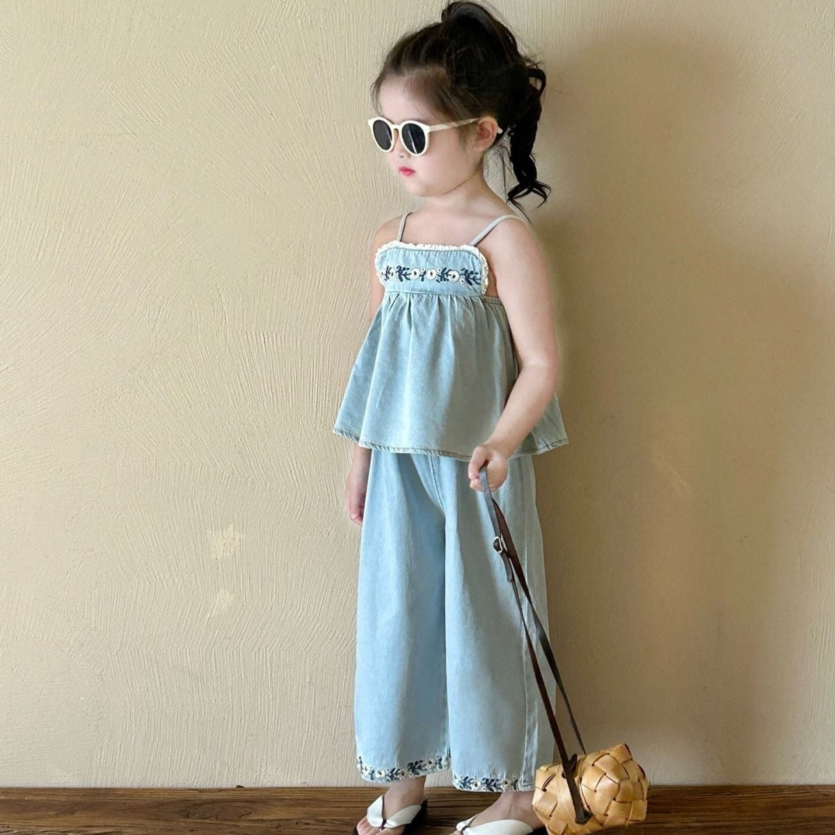 Girls' Embroidered Strap Vest Denim Straight-leg Pants Two-piece Set