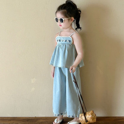 Girls' Embroidered Strap Vest Denim Straight-leg Pants Two-piece Set