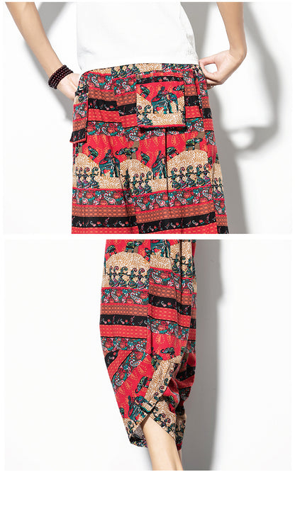 Printed Pants Baggy Cotton And Linen Loose Casual Cropped Pants