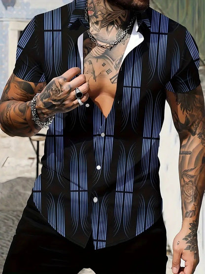Men's New Geometric Line Style Printing Lapel Short Sleeve Shirt