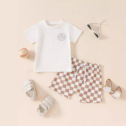 Summer Boys' And Kids' Popular Short Top Plaid Shorts Two-piece Set