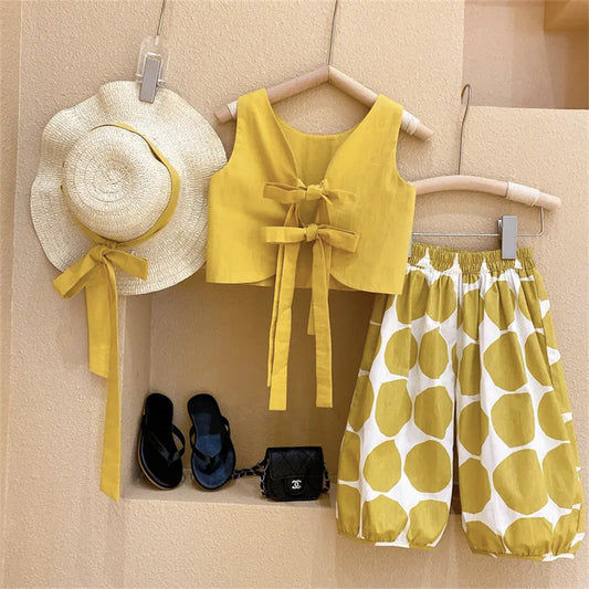 Western Style Backless Thin Pullover Girls' Vest Top Polka Dot Bloomers Two-piece Set