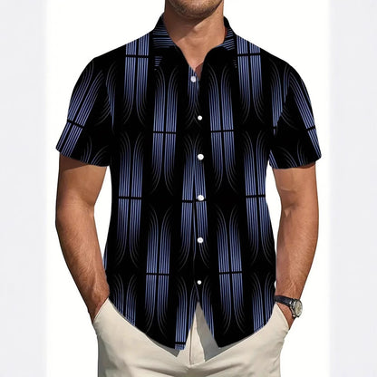 Men's New Geometric Line Style Printing Lapel Short Sleeve Shirt