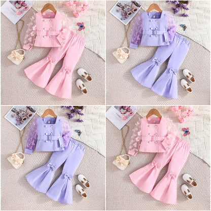 Girls' Mesh Sleeve Top Bell-bottom Pants Suit