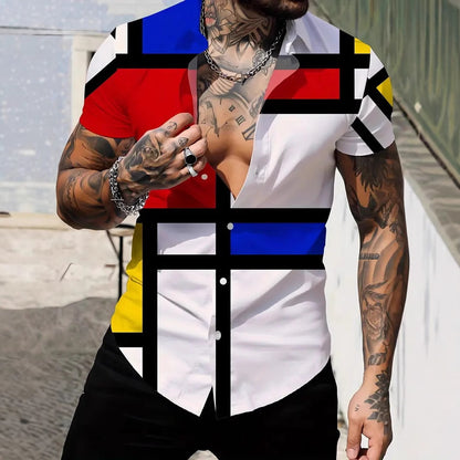 Men's New Geometric Line Style Printing Lapel Short Sleeve Shirt